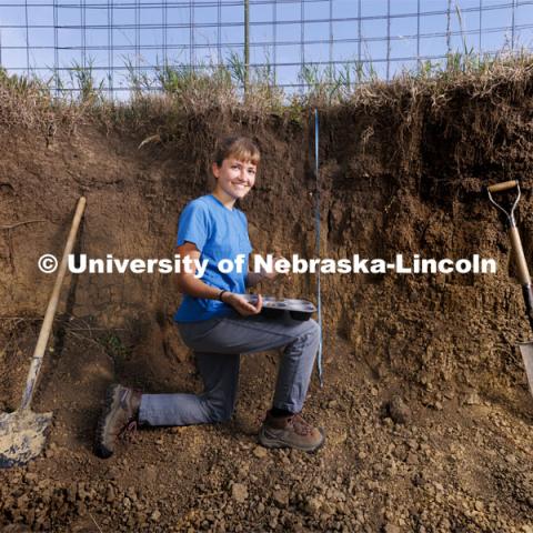 Kennadi Griffis sifts through a soil sample in the soil judging pit on East Campus. Griffis’ curiosity about the natural environment and the opportunities she found at the University of Nebraska–Lincoln propelled the Husker to an international championship in soil judging as a member of Team USA. September 9, 2022. Photo by Craig Chandler / University Communication.