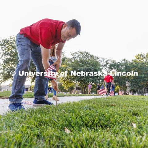 The Nebraska Military and Veteran Success Center, ASUN and others placed flags and signs on East Campus today to commemorate 9/11. The display will be moved to city campus on Monday. September 9, 2022. Photo by Craig Chandler / University Communication.