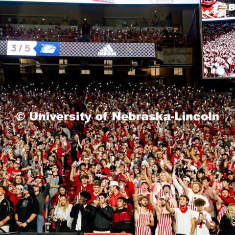 Husker fans cheer at the Nebraska vs. Georgia Southern football in Memorial Stadium. September 10, 2022. Photo by Jonah Tran/ University Communication.