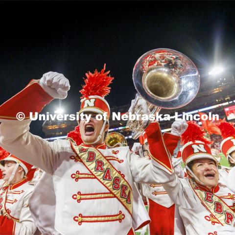 Nate Hollenbeck, a baritone in the Cornhusker Marching Band, fires up the crowd with the rest of the band following their half time show. Nebraska football vs. Georgia Southern. September 10, 2022. Photo by Craig Chandler / University Communication. 