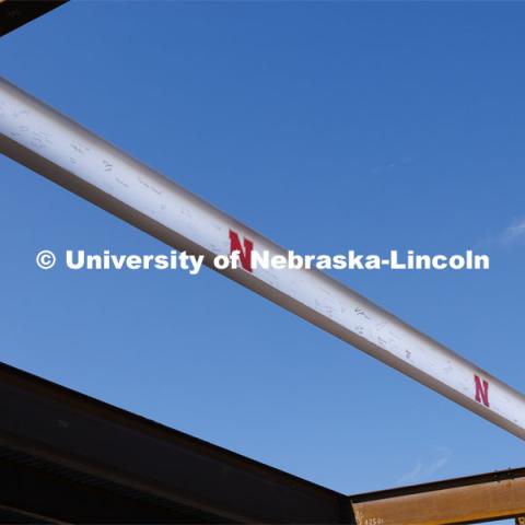 The final beam that was placed is signed. College of Engineering advisory board tour of Kiewit Hall construction. September 30, 2022. Photo by Craig Chandler / University Communication.