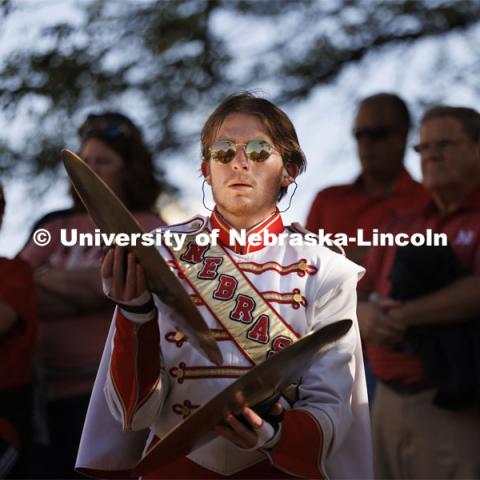 UNL Drumline gives a pregame performance outside the Sheldon Art Museum. Nebraska vs. Indiana football Homecoming game. October 1, 2022. Photo by Craig Chandler / University Communication.