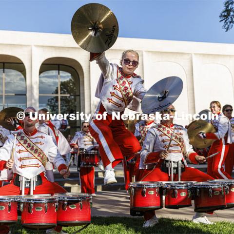 UNL Drumline gives a pregame performance outside the Sheldon Art Museum. Nebraska vs. Indiana football Homecoming game. October 1, 2022. Photo by Craig Chandler / University Communication.