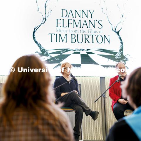 Danny Elfman, in black, talks with the Lied’s Bill Stephan, at the Carson Center for Emerging Media Arts IGNITE talks. October 7, 2022. Photo by Craig Chandler / University Communication.