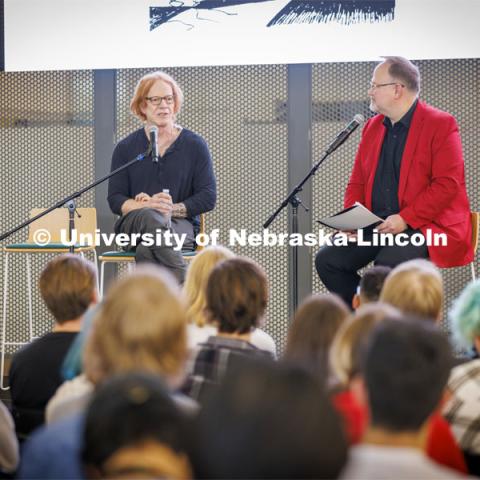 Danny Elfman, in black, talks with the Lied’s Bill Stephan, at the Carson Center for Emerging Media Arts IGNITE talks. October 7, 2022. Photo by Craig Chandler / University Communication.