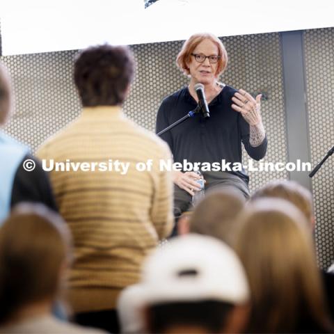 Danny Elfman, in black, talks with the Lied’s Bill Stephan, at the Carson Center for Emerging Media Arts IGNITE talks. October 7, 2022. Photo by Craig Chandler / University Communication.