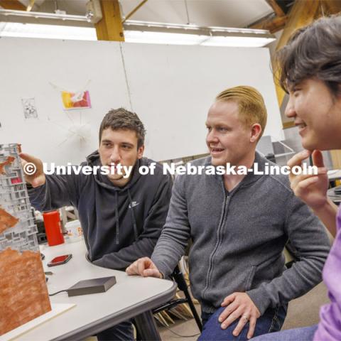 Assistant Professor Matthew Miller critiques student's projects. Design studios in Architecture Hall. October 12, 2022. Photo by Craig Chandler / University Communication.