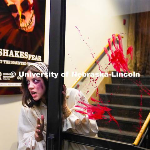 Aurora Villarreal performs during the opening weekend of "ShakesFear," which runs through Oct. 30 in the Temple Building. As a longtime horror fan and recent Shakespeare convert, senior theatre performance major Aurora Villarreal sees their opportunity to play Lady Macbeth in UNL Repertory Theatre’s ShakesFEAR production as a particularly exciting — and unique — acting experience. October 12, 2022. Photo by Dillon Galloway for University Communication.