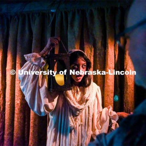 Aurora Villarreal performs during the opening weekend of "ShakesFear," which runs through Oct. 30 in the Temple Building. As a longtime horror fan and recent Shakespeare convert, senior theatre performance major Aurora Villarreal sees their opportunity to play Lady Macbeth in UNL Repertory Theatre’s ShakesFEAR production as a particularly exciting — and unique — acting experience. October 12, 2022. Photo by Dillon Galloway for University Communication.