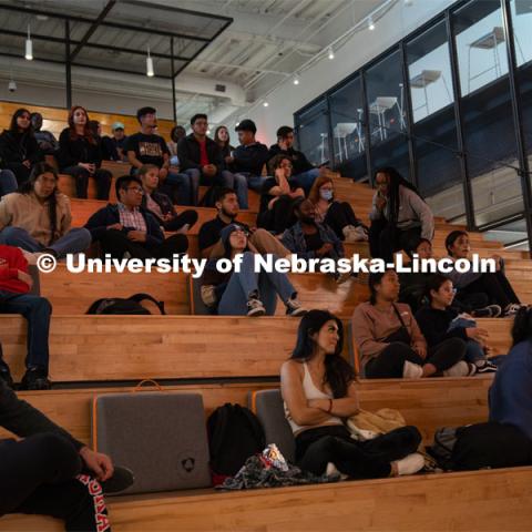 Nebraska College Preparatory Academy scholars got a behind-the-scenes look at internship opportunities with Hudl. Nearly 40 first year NCPA students heard from the company’s chief operating officer, recruiters, and current and former interns. Students learned about internships, the hiring process and the benefits of an internship and toured Hudl’s headquarters. October 13, 2022. Photo by Kirk Rangel for University Communication