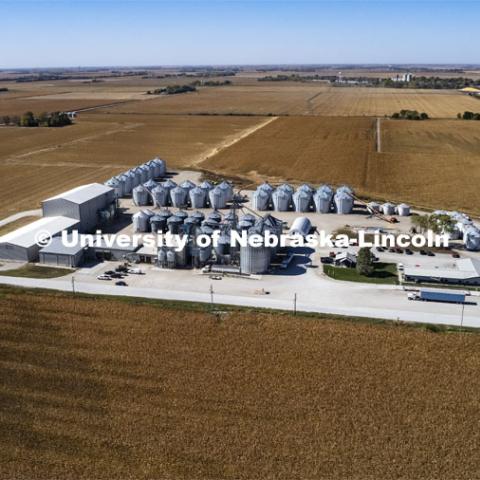 An aerial view of the Preferred Popcorn headquarters east of Chapman, Nebraska, has offices, processing buildings and more than 60 bins for storing their many varieties. Preferred Popcorn grows popcorn near Chapman, Nebraska and throughout the area. It is headed by Norm Krug. October 13, 2022. Photo by Craig Chandler / University Communication.