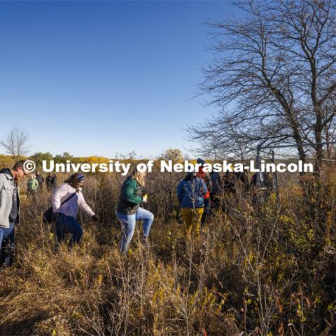 Academic counselors step through tall grass to view a pig carcass kept in a containment fence for forensic science students to study. Reller Prairie in southwest Lancaster County. October 17, 2022. Photo by Craig Chandler / University Communication.