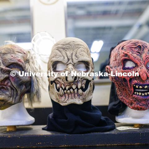 Masks await their actors backstage. ShakesFear production in the Temple Building. October 21, 2022. Photo by Craig Chandler / University Communication.