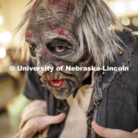 Jackson Wells dressed as the Gravedigger to scare on a recent Friday evening. ShakesFear production in the Temple Building. October 21, 2022. Photo by Craig Chandler / University Communication.