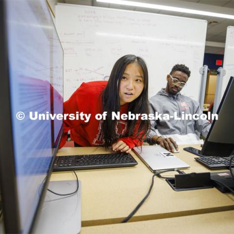 Students working in a classroom. Raikes School photo shoot. October 27, 2022. Photo by Craig Chandler / University Communication. 