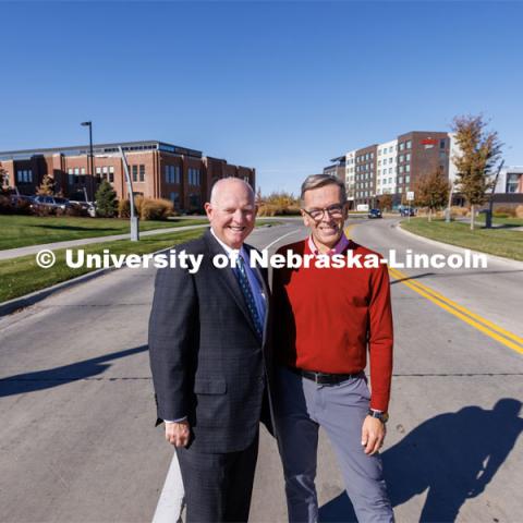 NIC Executive Director Dan Duncan and UNL Chancellor Ronnie Green standing Transformation Drive leading to Innovation Campus. October 31, 2022. Photo by Craig Chandler / University Communication.