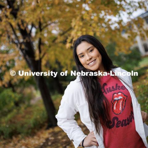 Mayah Delgado-Walker is a junior in Hospitality, Restaurant and Tourism Management.  She is a member of the Omaha tribe and is featured in Native American Heritage Month feature. November 4, 2022. Photo by Craig Chandler / University Communication. 