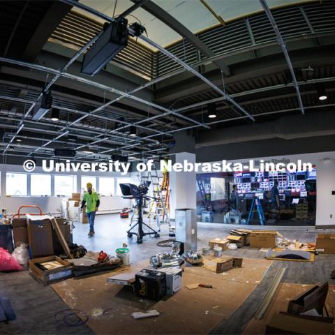 Work progresses on the new Don and Lorena Meier Studio on the second floor of Andersen Hall as it readies for the ribbon-cutting Nov. 17. November 9, 2022. Photo by Craig Chandler / University Communication.