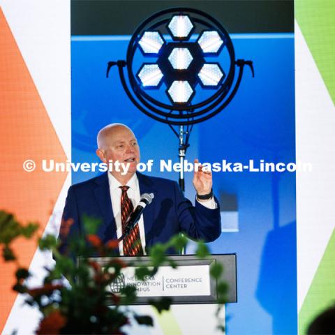 NIC Executive Director Dan Duncan talks with attendees at the Nebraska Innovation Campus celebration. November 10, 2022. Photo by Craig Chandler / University Communication.