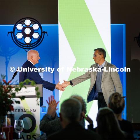 NIC Executive Director Dan Duncan welcomes UNL Chancellor Ronnie Green to the podium at the Nebraska Innovation Campus celebration. November 10, 2022. Photo by Craig Chandler / University Communication.