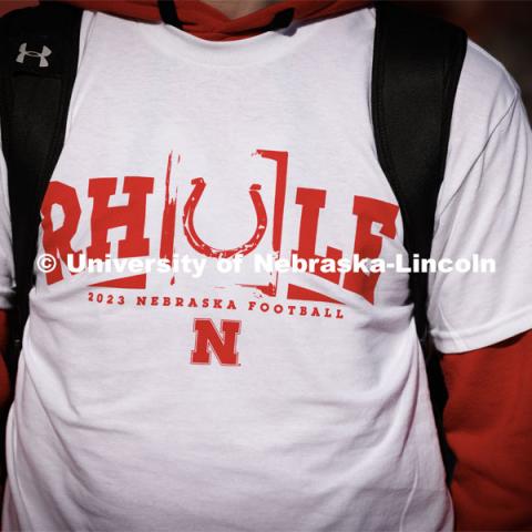 A fan wears a Husker shirt supporting the new coach, Matt Rhule. Husker head football coach Matt Rhule is introduced at a press conference in the Hawks Championship Center. November 28, 2022. Photo by Craig Chandler / University Communication.