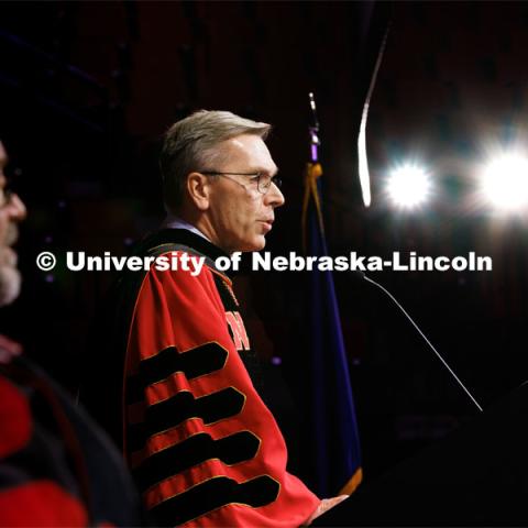 Chancellor Ronnie Green welcomes the graduates to the December Commencement in Pinnacle Bank Arena. December 16, 2022. Photo by Craig Chandler / University Communication.