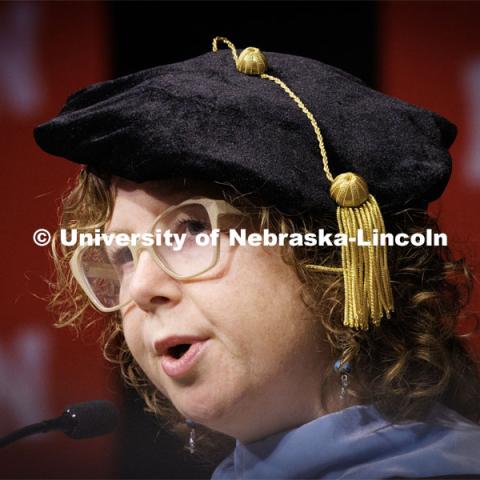 Katrina Jagodinsky, Associate Professor of History, delivers the commencement address. Graduate Commencement in Pinnacle Bank Arena. December 16, 2022. Photo by Craig Chandler / University Communication.