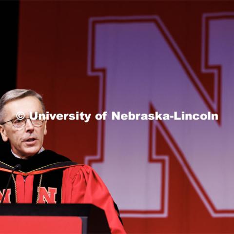 Chancellor Ronnie Green addresses the graduates at the beginning of the ceremony. Winter Undergraduate Commencement in Pinnacle Bank Arena. December 17, 2022. Photo by Craig Chandler / University Communication.