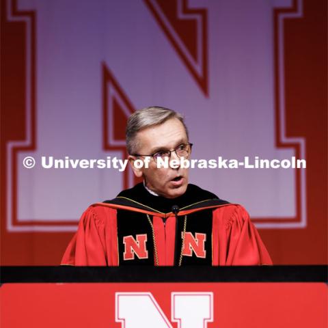 Chancellor Ronnie Green addresses the graduates at the beginning of the ceremony. Winter Undergraduate Commencement in Pinnacle Bank Arena. December 17, 2022. Photo by Craig Chandler / University Communication.