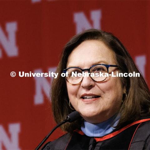 Deb Fischer, United States Senator for Nebraska, gives the commencement address. Winter Undergraduate Commencement in Pinnacle Bank Arena. December 17, 2022. Photo by Craig Chandler / University Communication.