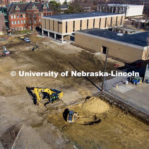 The former parking lots at 10th and Q are being excavated as the new Fine and Performing Arts building is being built. January 10, 2023. Photo by Craig Chandler / University Communication.