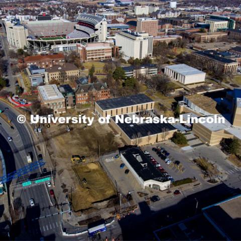 The former parking lots at 10th and Q are being excavated as the new Fine and Performing Arts building is being built. January 10, 2023. Photo by Craig Chandler / University Communication.