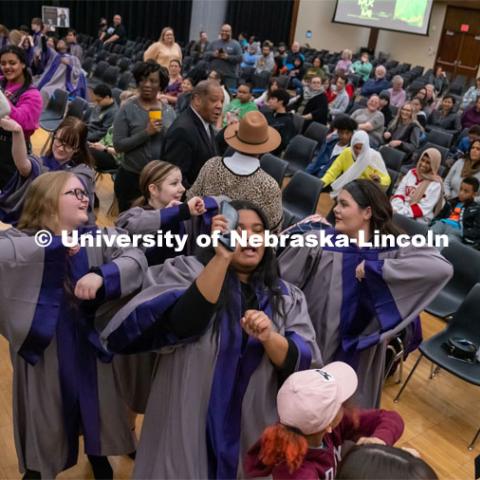 Lincoln Northwest Highschool Choir has the crowd dancing at the MLK Youth Rally in the Nebraska Union. January 16, 2023. Photo by Dillon Galloway for University Communications.