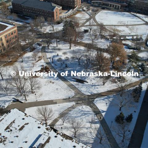 Aerial view of City Campus. Spring semester begins with some snow and ice. January 23, 2023. Photo by Craig Chandler / University Communication.