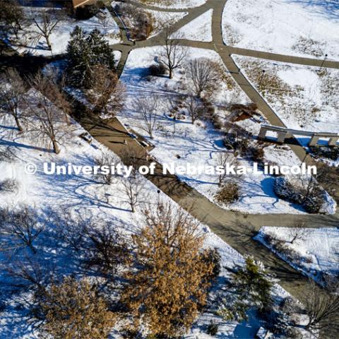 Aerial view of City Campus. Spring semester begins with some snow and ice. January 23, 2023. Photo by Craig Chandler / University Communication.