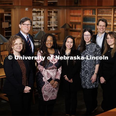 With a four-year, $1 million grant from the Andrew W. Mellon Foundation, Nebraska historians, from left, Katrina Jagodinsky, William Thomas and Jeannette Eileen Jones, with collaborators from the College of Law, Genesis Agosto, Jessica Shoemaker, Eric Berger, Danielle Jefferis and, (not pictured) Catherine will establish an academic program that enables undergraduate and graduate students to study how various marginalized groups in American history – enslaved people, racial minorities, women and Indigenous people, among others – used the law to contest and advance their rights. January 24, 2023. Photo by Craig Chandler / University Communication.