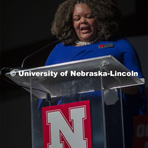 Opening remarks by Nkenge Friday, Senior Assistant Vice Chancellor for Strategic Initiatives. The program featured a keynote address from Tommie Smith and the awarding of the annual Chancellor’s “Fulfilling the Dream” Award. January 25, 2023. Photo by Blaney Dreifurst for University Communication.