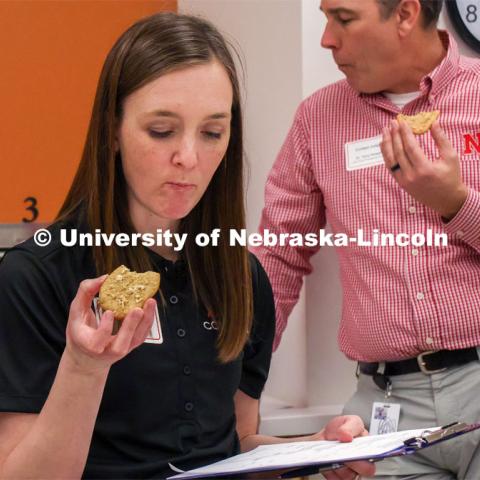 Contest judges Nicole Kallhoff with ConAgra Brands and Terry Howell with the UNL Food Processing Center taste contest entries. Groups prepared baked goods using flour made from crickets. Battle of the Food Scientists at Nebraska Innovation Campus. February 15, 2023. Photo by Blaney Dreifurst / University Communication.
