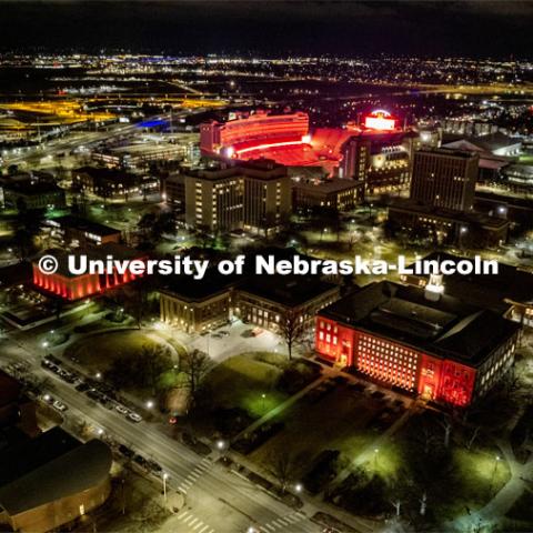 Aerial view of City Campus lit up for Glow Big Red. February 15, 2023. Photo by Craig Chandler / University Communication.