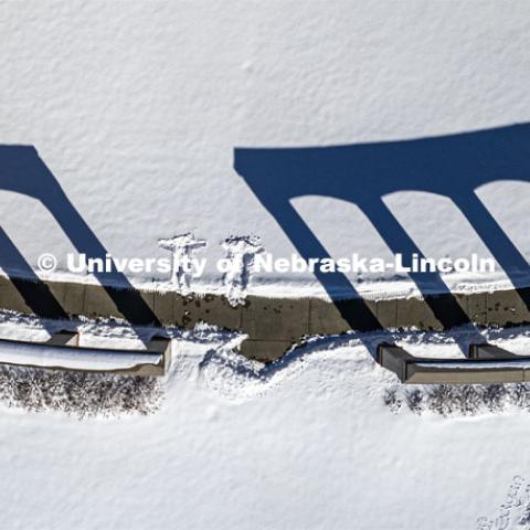 Aerial view of the snow on City Campus. A snowy Friday on city campus. February 17, 2023. Photo by Craig Chandler / University Communication. 