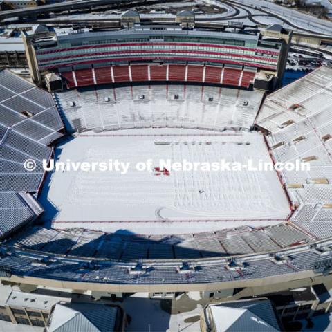 Aerial view of the snow on City Campus. A snowy Friday on city campus. February 17, 2023. Photo by Craig Chandler / University Communication. 