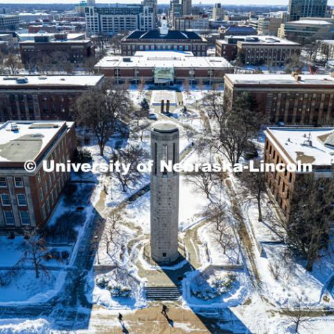 Aerial view of the snow on City Campus looking south from the Mueller Bell Tower. A snowy Friday on city campus. February 17, 2023. Photo by Craig Chandler / University Communication. 