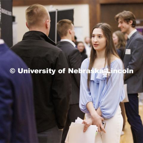 MarryRita Wegener talks with a recruiter at the Career and Internship Fair in the Nebraska Union. February 28, 2023. Photo by Craig Chandler / University Communication.