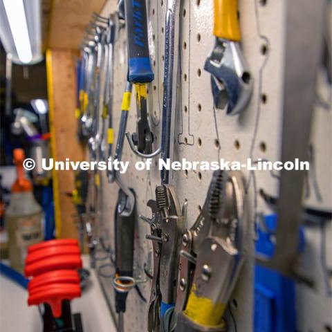 Tools on the wall at the Lincoln Bike Kitchen Repair. The Bike Kitchen is among a number of local organizations that the College of Engineering works with to offer service learning opportunities to its students. March 9, 2023. Photo by Dillon Galloway for University Communication.