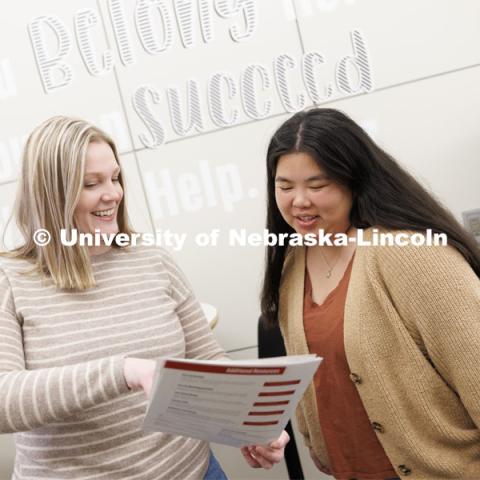 Academic Advisor Bethany Heaney works with a student. Explore Center photo shoot. March 22, 2023. Photo by Craig Chandler / University Communication. 