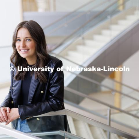 Kelsie Caven, senior in mangement is pictured in Hawks Hall, for women’s history month story. March 23, 2023. Photo by Craig Chandler / University Communication. 