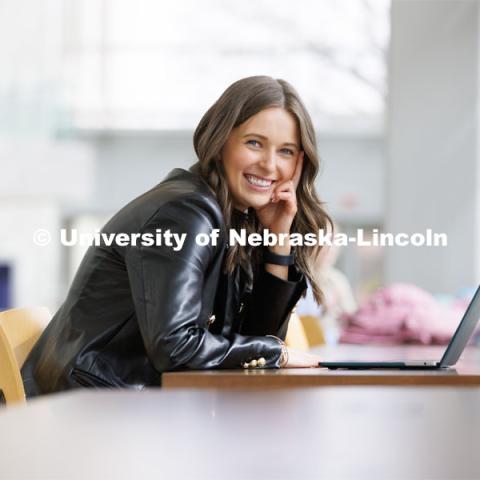 Kelsie Caven, senior in mangement is pictured in Hawks Hall, for women’s history month story. March 23, 2023. Photo by Craig Chandler / University Communication. 