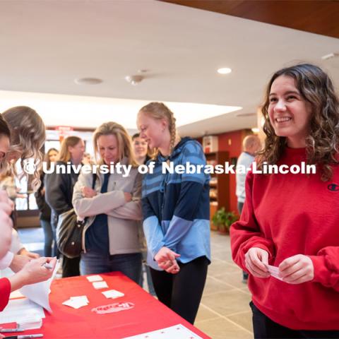 Out-of-state students are welcomed into the Wick Alumni Center during student admission’s National Tailgate. Admitted Student Day is UNL’s in-person, on-campus event for all admitted students. March 24, 2023. Photo by Jordan Opp for University Communication.