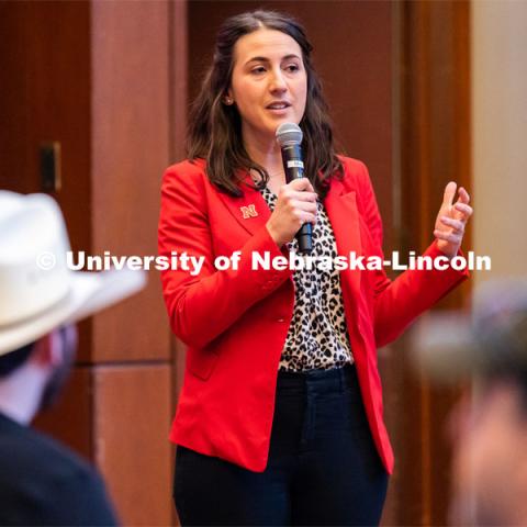 University of Nebraska interim director of admissions Kayla Tupper speaks to students during student admission’s National Tailgate at the Wick Alumni Center. Admitted Student Day is UNL’s in-person, on-campus event for all admitted students. March 24, 2023. Photo by Jordan Opp for University Communication.