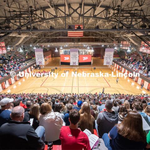 New students and family members wait for a pep rally to begin inside the Coliseum during Admitted Student Day. Admitted Student Day is UNL’s in-person, on-campus event for all admitted students. March 24, 2023. Photo by Jordan Opp for University Communication.